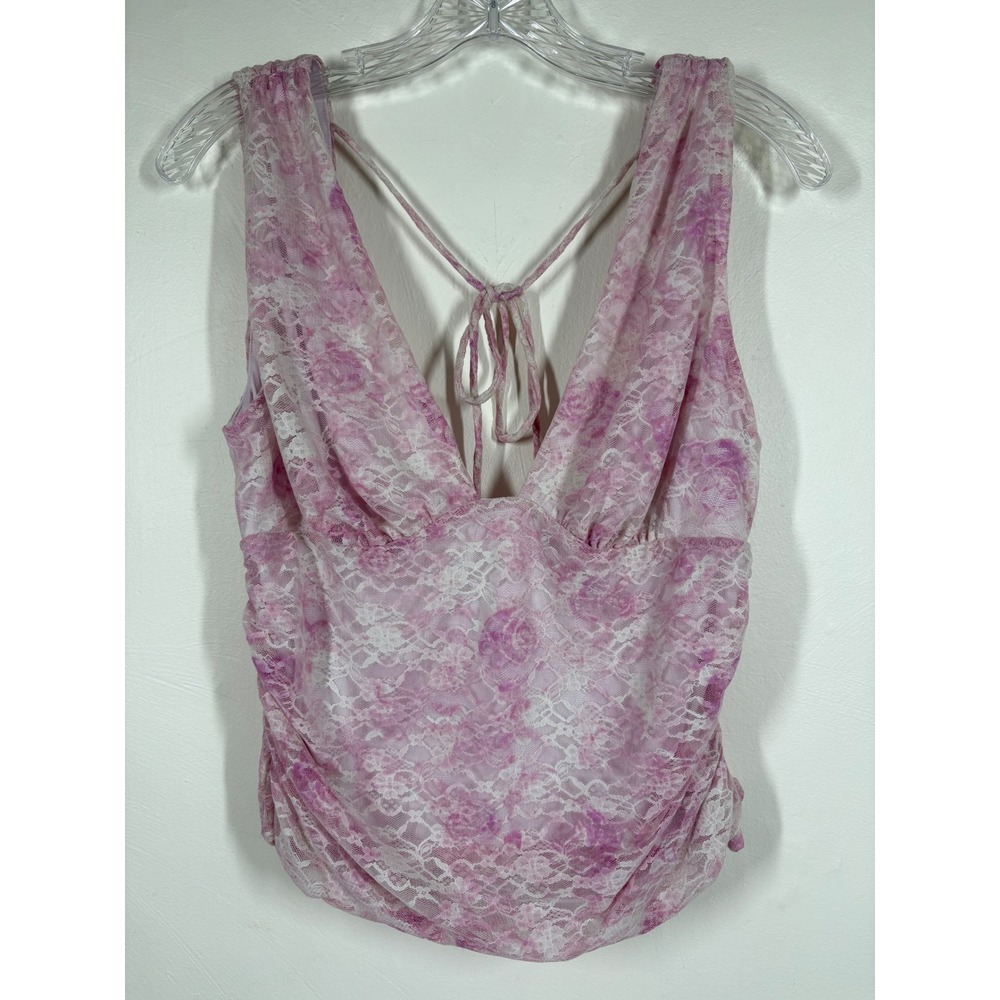 Wild Fable Pink Lace Tank Top Large Y2K Floral Ruched V-Neck Fairycore Coquette